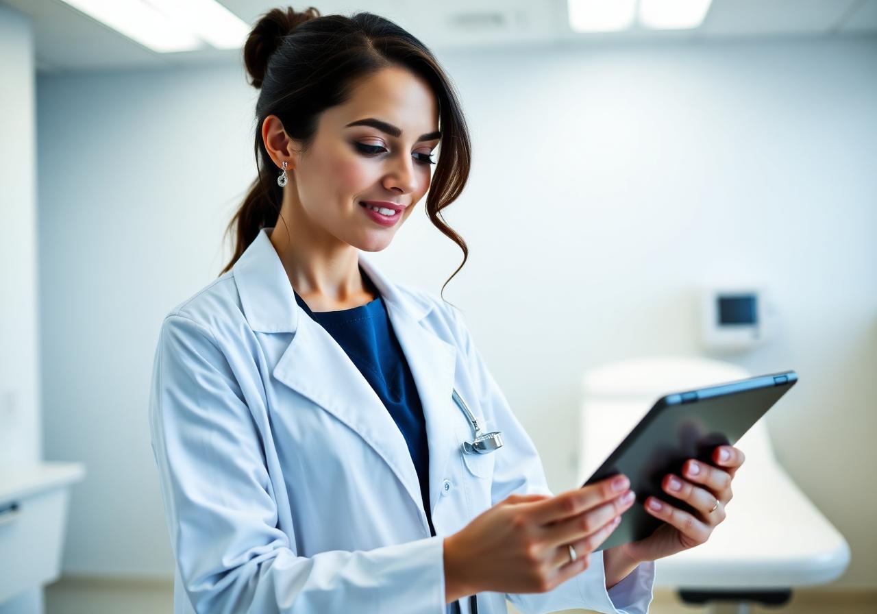 Female practitioner reviewing a digital chart in a modern clinical environment