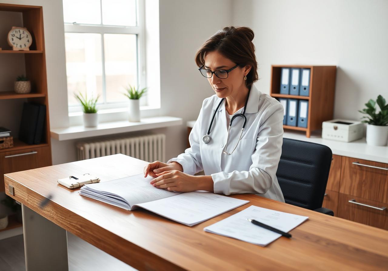 Woman reviewing health documents in a calm clinical setting